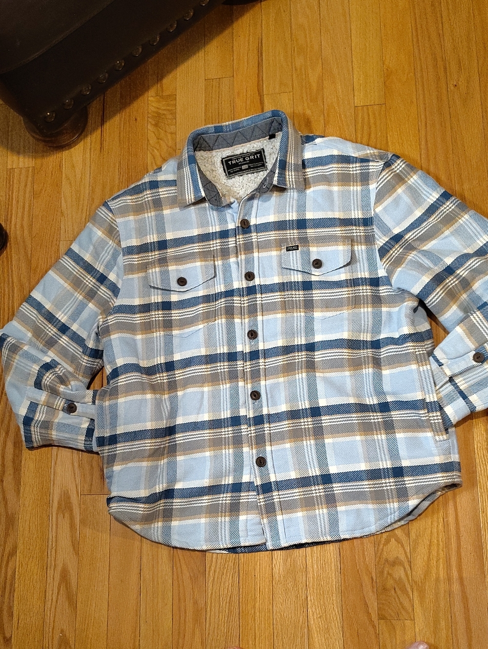 True Grit Light Blue and Tan Plaid Button-Down Shirt w/Sherpa Lining.